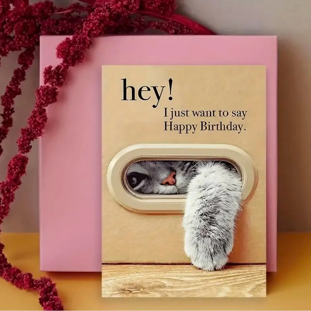 Cute Cat Birthday Card - Beige and Red